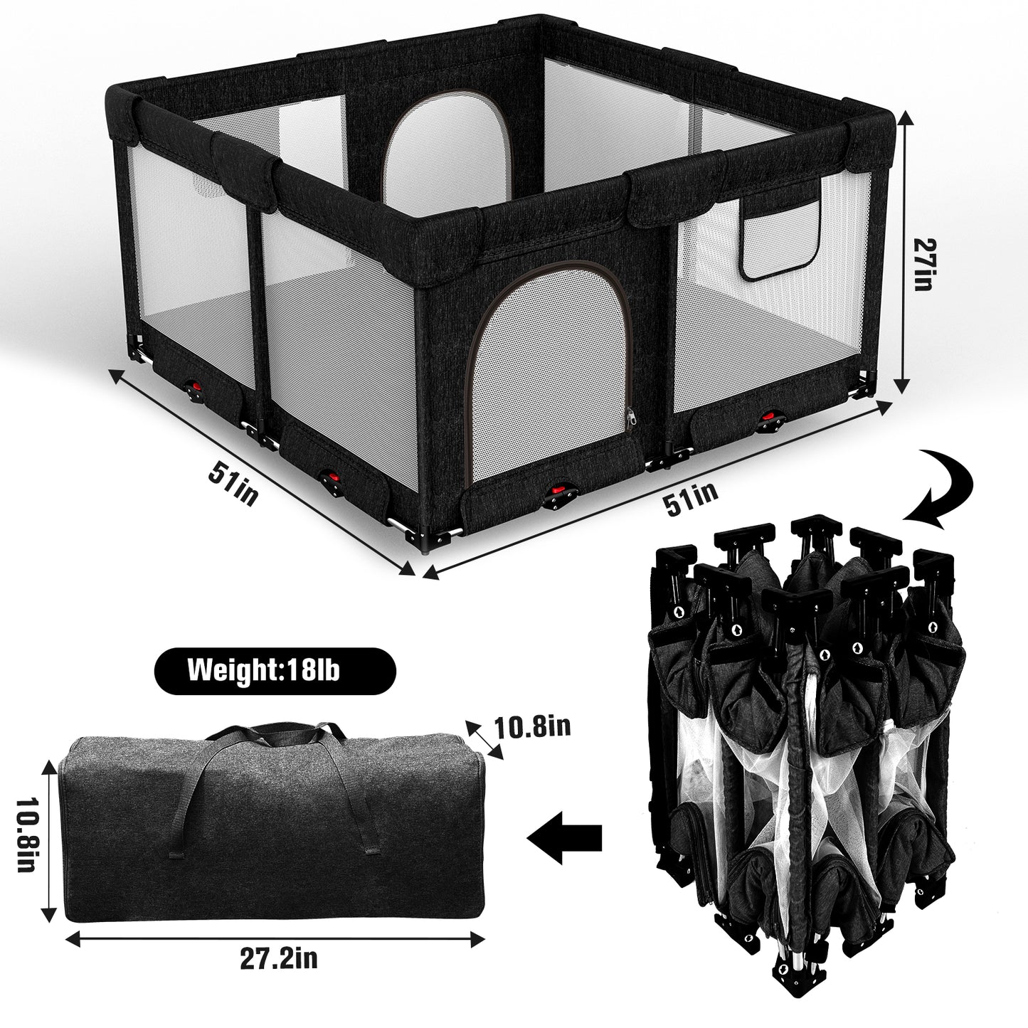 Dearlomum Foldable Baby Playpen with Gate, Extra Large Collapsible Play Yard for Babies & Toddlers, Portable Travel Playpen, Baby Activity Center for Indoor & Outdoor Use (Black )