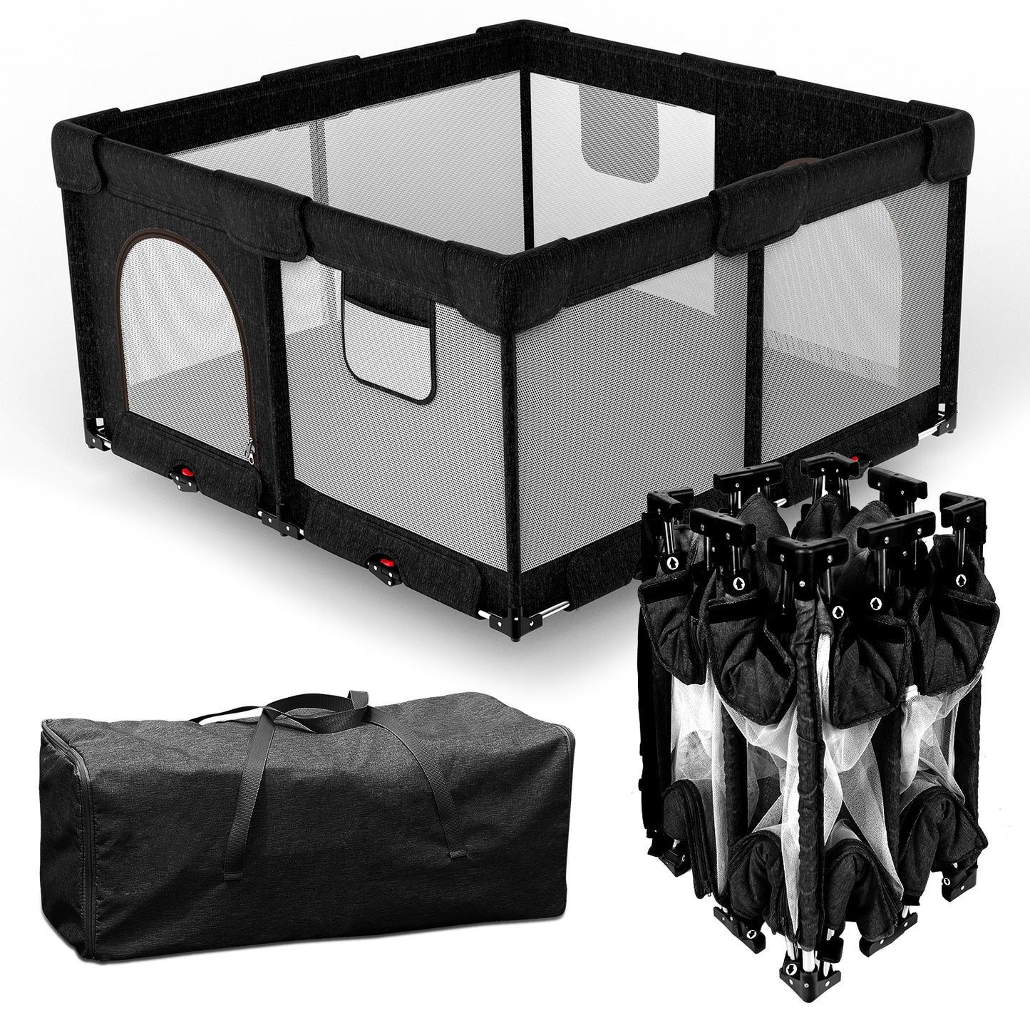 Dearlomum Foldable Baby Playpen with Gate, Extra Large Collapsible Play Yard for Babies & Toddlers, Portable Travel Playpen, Baby Activity Center for Indoor & Outdoor Use (Black )