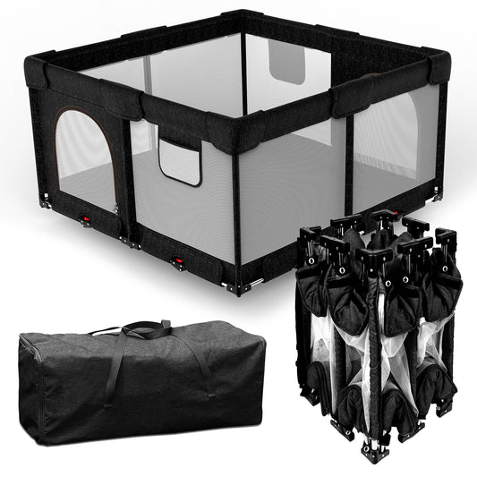 Dearlomum Foldable Baby Playpen with Gate, Extra Large Collapsible Play Yard for Babies & Toddlers, Portable Travel Playpen, Baby Activity Center for Indoor & Outdoor Use (Black )