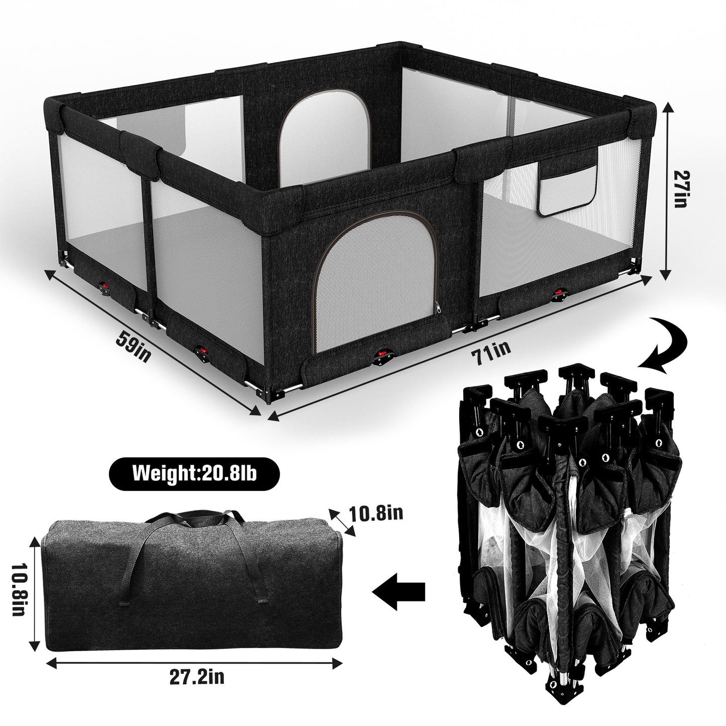 Dearlomum Foldable Baby Playpen with Gate, Extra Large Collapsible Play Yard for Babies & Toddlers, Portable Travel Playpen, Baby Activity Center for Indoor & Outdoor Use (Black )