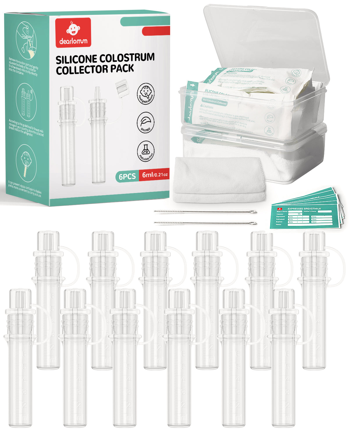 dearlomum Colostrum Collector Kit Breast Milk Collector 6ml/6pcs,Reusable, Heat & Freezer Resistant, BPA-Free, with Cotton Cloth Wipe, Storage Case, Cleaning Brush