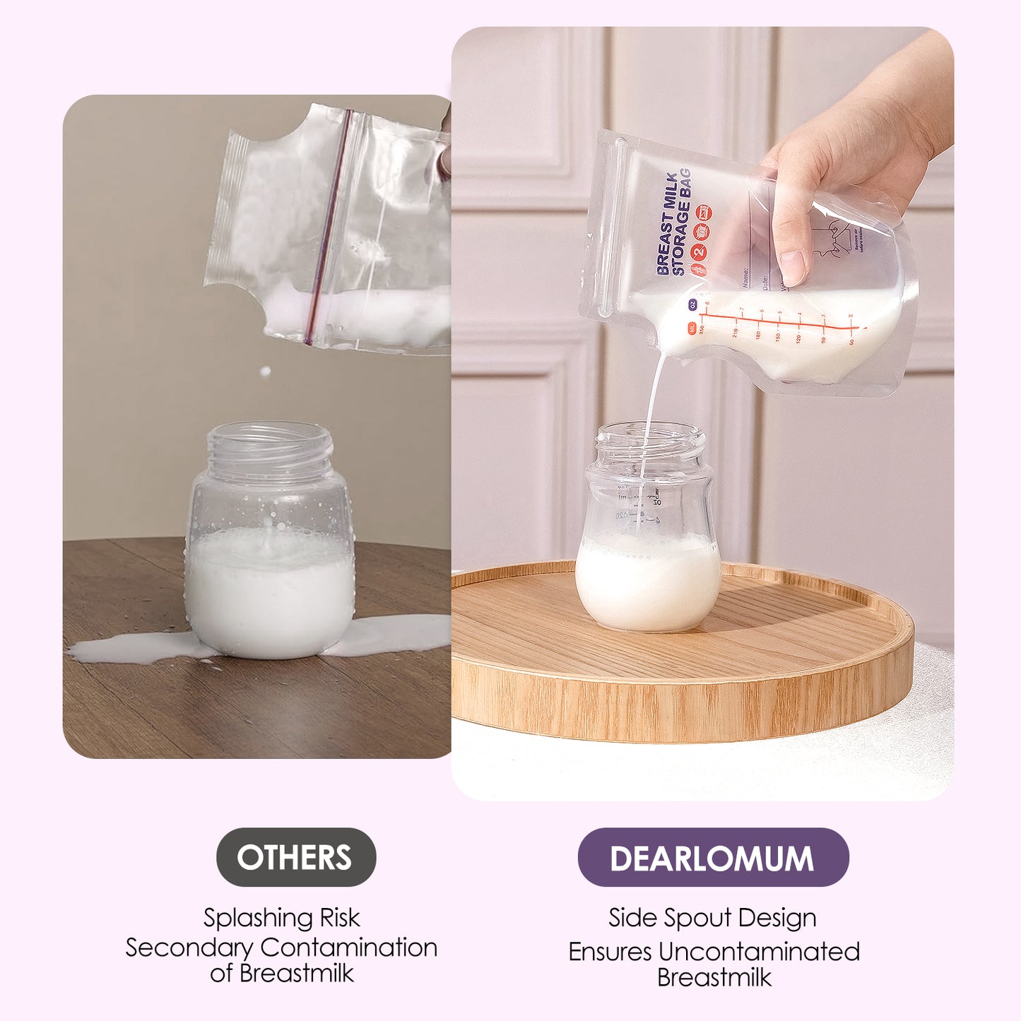 dearlomum BPA-Free Breastmilk Storage Bags - 60 Pcs, 8 Ounce, Self-Standing with Pour Spout, Space-Saving Flat Profile, Ideal for Convenient Breastfeeding and Milk Storage, Refrigeration & Freezing
