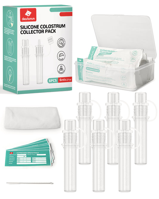 dearlomum Colostrum Collector Kit Breast Milk Collector 6ml/6pcs,Reusable, Heat & Freezer Resistant, BPA-Free, with Cotton Cloth Wipe, Storage Case, Cleaning Brush