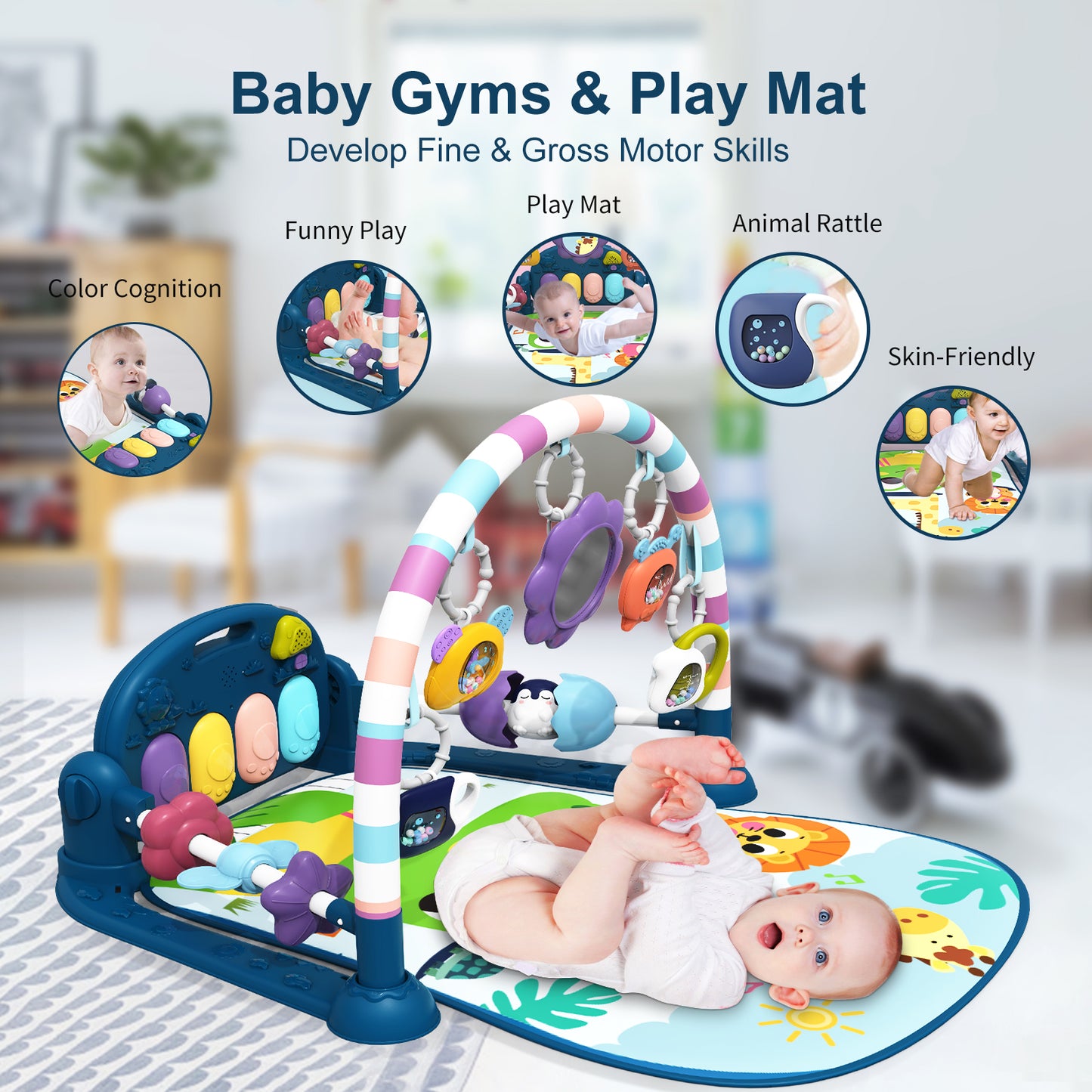 dearlomum Baby Play Mat Baby Gym,Funny Play Piano Tummy Time Baby Activity Mat with 5 Infant Sensory Baby Toys, Music and Lights Boy & Girl Gifts for Newborn Baby 0 to 3 6 9 12 Months(New Blue)