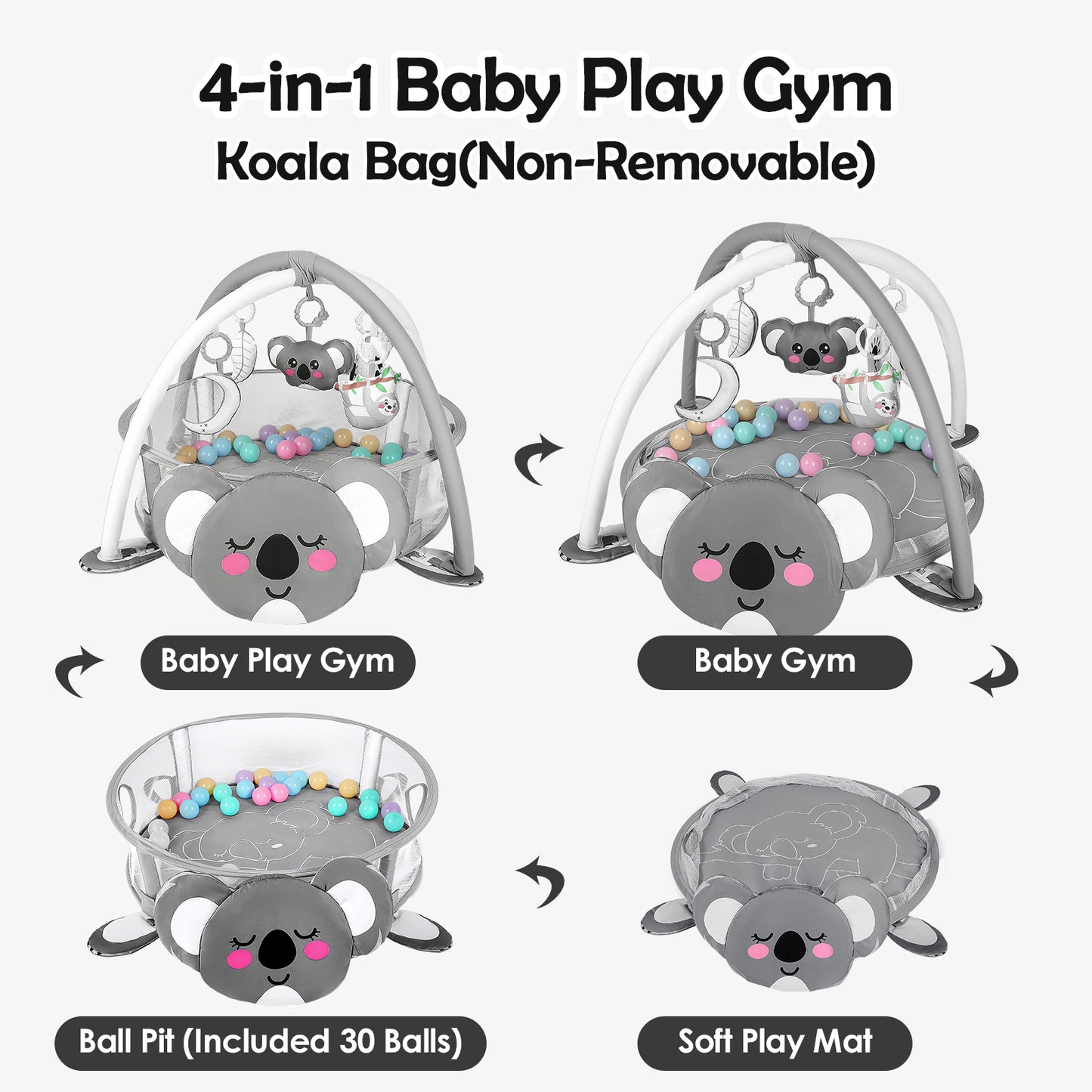 dearlomum 4-in-1 Baby Play Mat Baby Gym,Tummy Time Mat for Floor Activity Gym Ball Pit Including 30 Balls with 5 Infant Learning Sensory Baby Toys for Newborn Toddler Boy & Girl Gifts(Koala)