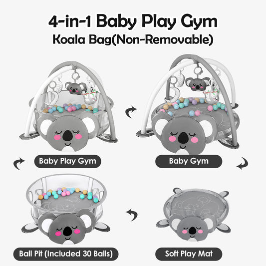 dearlomum 4-in-1 Baby Play Mat Baby Gym,Tummy Time Mat for Floor Activity Gym Ball Pit Including 30 Balls with 5 Infant Learning Sensory Baby Toys for Newborn Toddler Boy & Girl Gifts(Koala)
