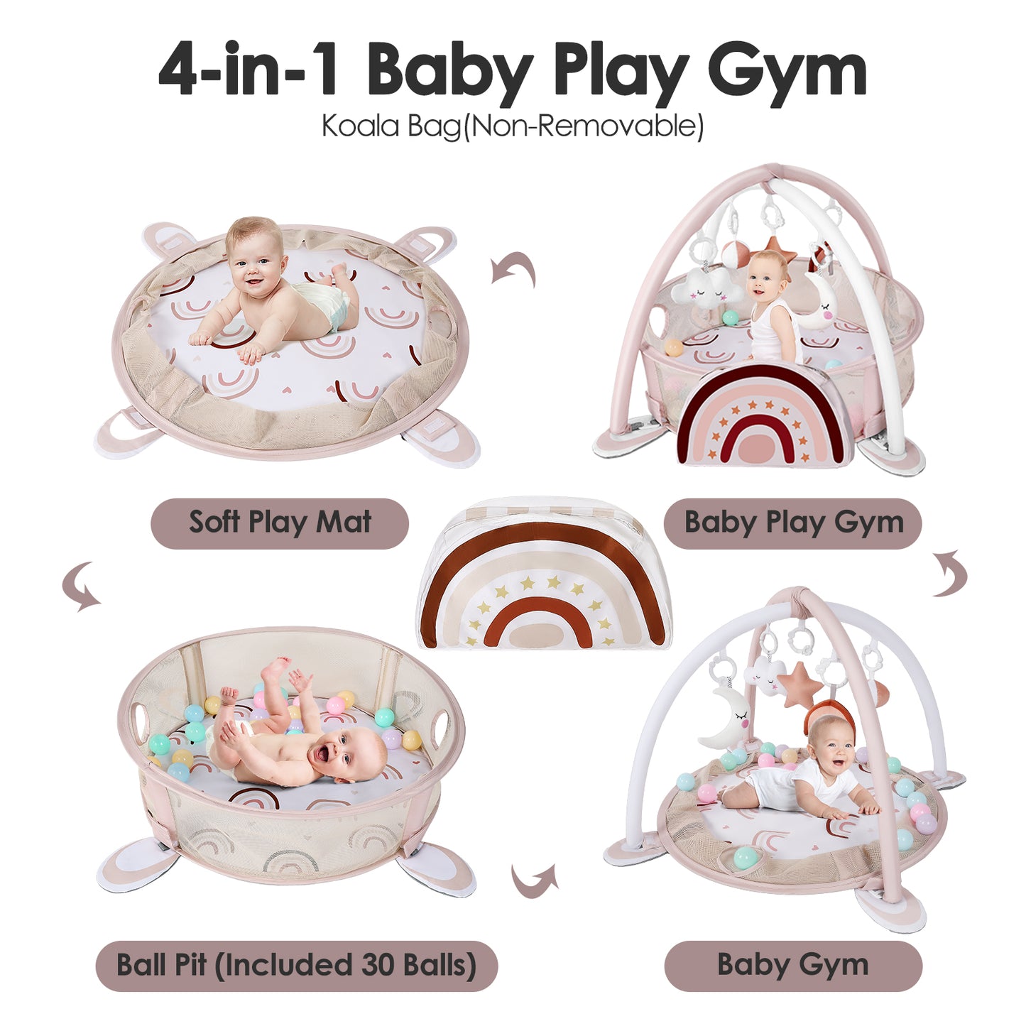 dearlomum 4-in-1 Baby Play Mat Baby Gym,Tummy Time Mat for Floor Activity Gym Ball Pit Including 30 Balls with 5 Infant Learning Sensory Baby Toys for Newborn Toddler Boy & Girl Gifts(Rainbow)