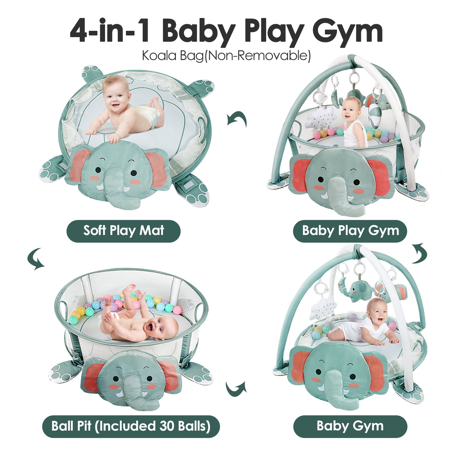 dearlomum 4-in-1 Baby Play Mat Baby Gym,Tummy Time Mat for Floor Activity Gym Ball Pit Including 30 Balls with 5 Infant Learning Sensory Baby Toys for Newborn Toddler Boy & Girl Gifts(Elephant)