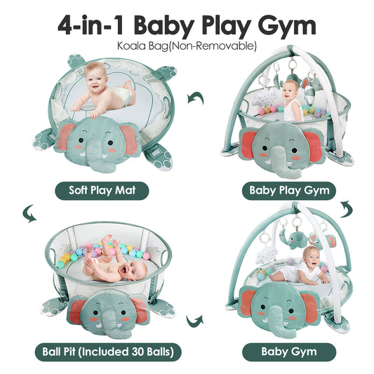 dearlomum 4-in-1 Baby Play Mat Baby Gym,Tummy Time Mat for Floor Activity Gym Ball Pit Including 30 Balls with 5 Infant Learning Sensory Baby Toys for Newborn Toddler Boy & Girl Gifts(Elephant)