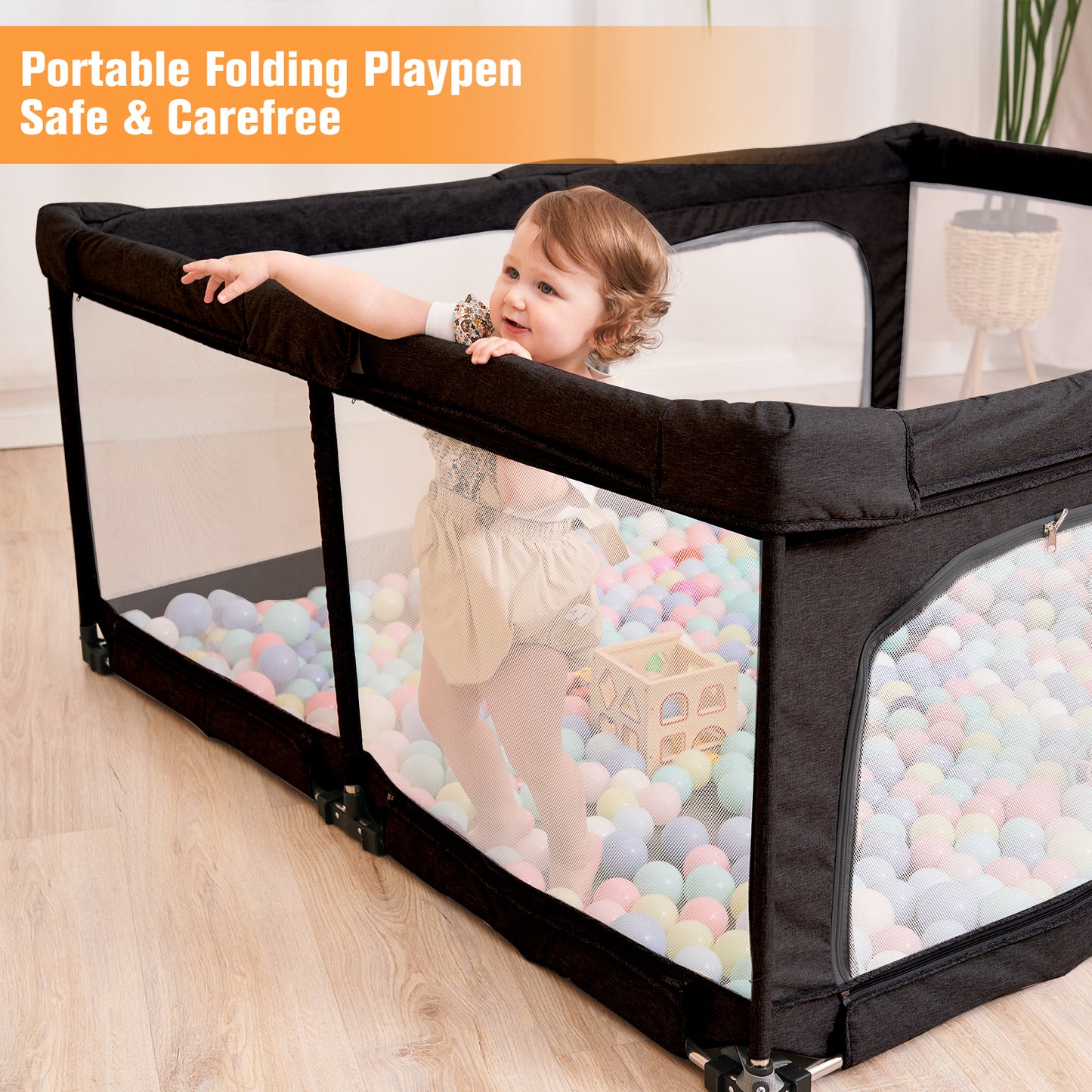 Dearlomum Foldable Baby Playpen with Gate, Extra Large Collapsible Play Yard for Babies & Toddlers, Portable Travel Playpen, Baby Activity Center for Indoor & Outdoor Use (Black )