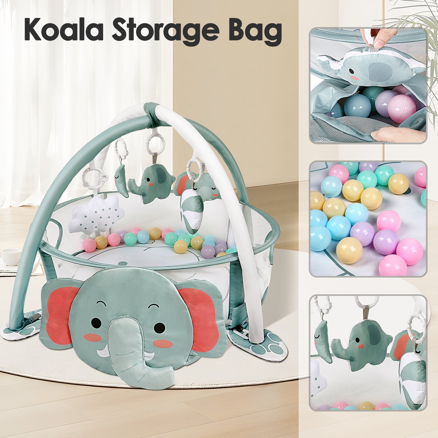 dearlomum 4-in-1 Baby Play Mat Baby Gym,Tummy Time Mat for Floor Activity Gym Ball Pit Including 30 Balls with 5 Infant Learning Sensory Baby Toys for Newborn Toddler Boy & Girl Gifts(Elephant)