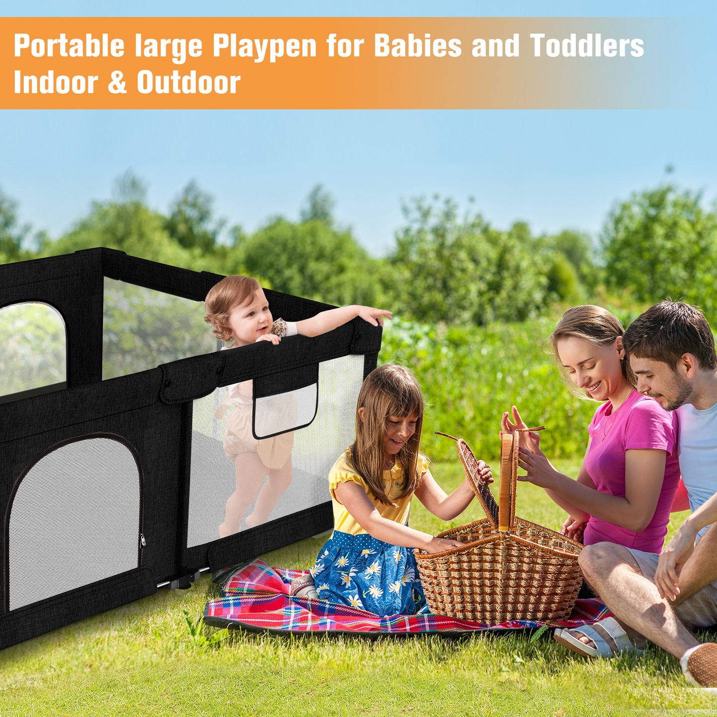 Dearlomum Foldable Baby Playpen with Gate, Extra Large Collapsible Play Yard for Babies & Toddlers, Portable Travel Playpen, Baby Activity Center for Indoor & Outdoor Use (Black )