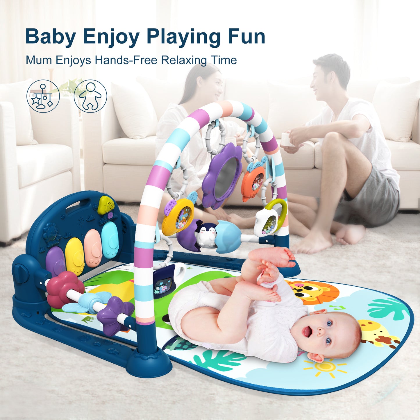 dearlomum Baby Play Mat Baby Gym,Funny Play Piano Tummy Time Baby Activity Mat with 5 Infant Sensory Baby Toys, Music and Lights Boy & Girl Gifts for Newborn Baby 0 to 3 6 9 12 Months(New Blue)