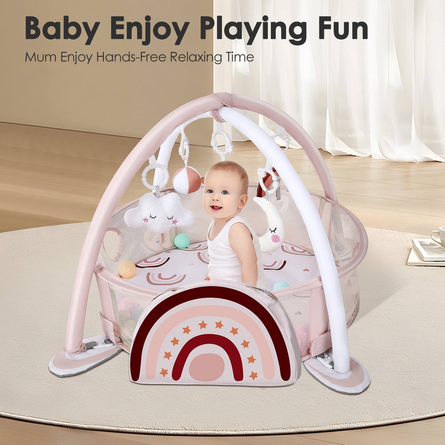 dearlomum 4-in-1 Baby Play Mat Baby Gym,Tummy Time Mat for Floor Activity Gym Ball Pit Including 30 Balls with 5 Infant Learning Sensory Baby Toys for Newborn Toddler Boy & Girl Gifts(Rainbow)
