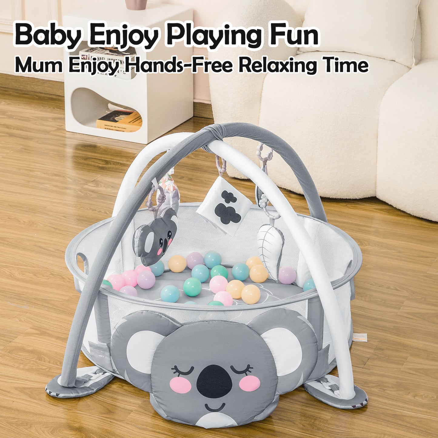 dearlomum 4-in-1 Baby Play Mat Baby Gym,Tummy Time Mat for Floor Activity Gym Ball Pit Including 30 Balls with 5 Infant Learning Sensory Baby Toys for Newborn Toddler Boy & Girl Gifts(Koala)