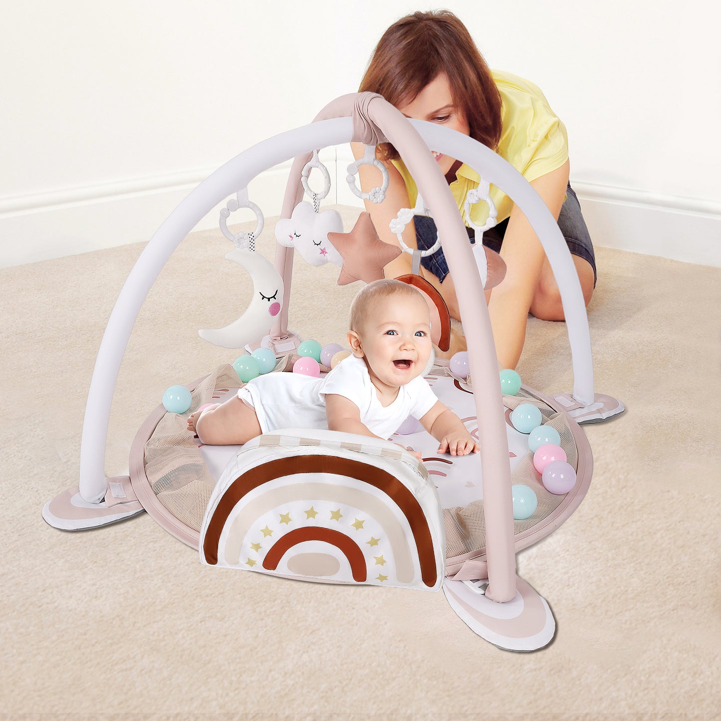dearlomum 4-in-1 Baby Play Mat Baby Gym,Tummy Time Mat for Floor Activity Gym Ball Pit Including 30 Balls with 5 Infant Learning Sensory Baby Toys for Newborn Toddler Boy & Girl Gifts(Rainbow)