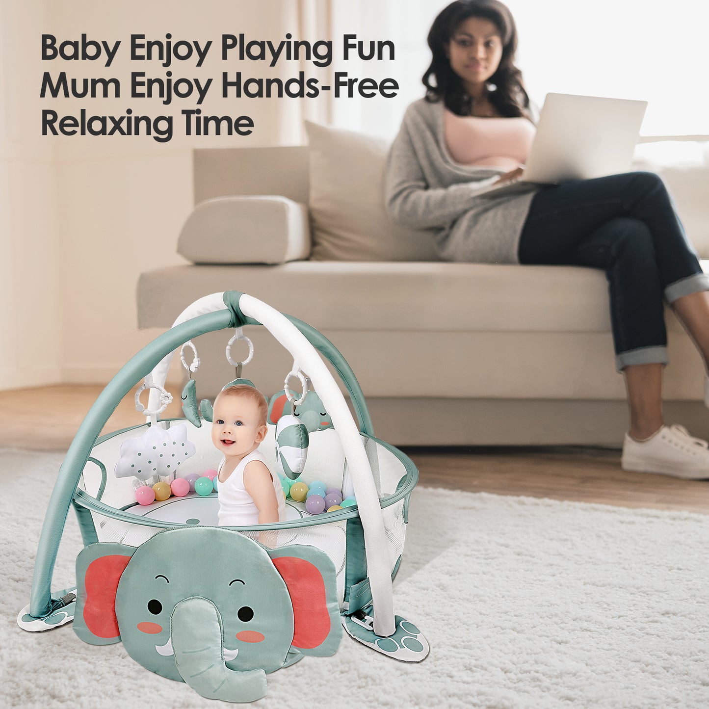 dearlomum 4-in-1 Baby Play Mat Baby Gym,Tummy Time Mat for Floor Activity Gym Ball Pit Including 30 Balls with 5 Infant Learning Sensory Baby Toys for Newborn Toddler Boy & Girl Gifts(Elephant)