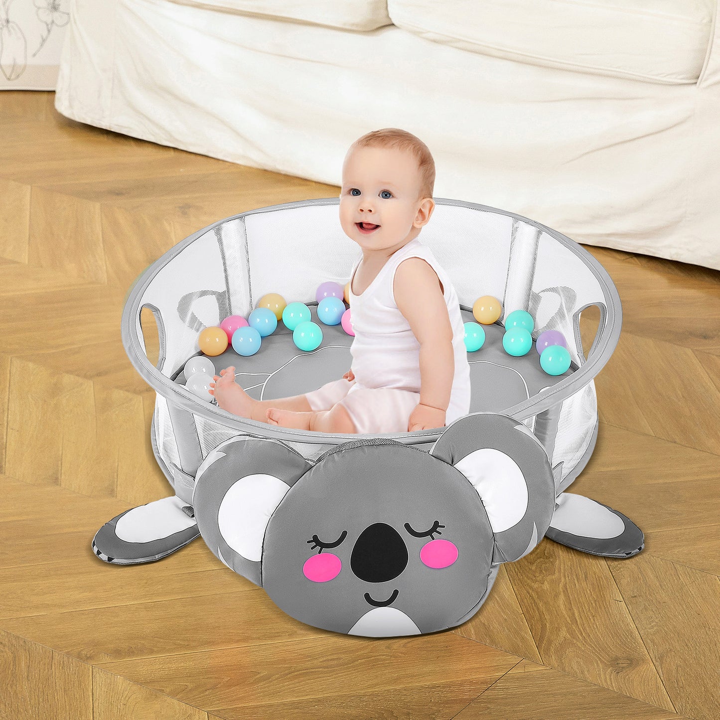 dearlomum 4-in-1 Baby Play Mat Baby Gym,Tummy Time Mat for Floor Activity Gym Ball Pit Including 30 Balls with 5 Infant Learning Sensory Baby Toys for Newborn Toddler Boy & Girl Gifts(Koala)