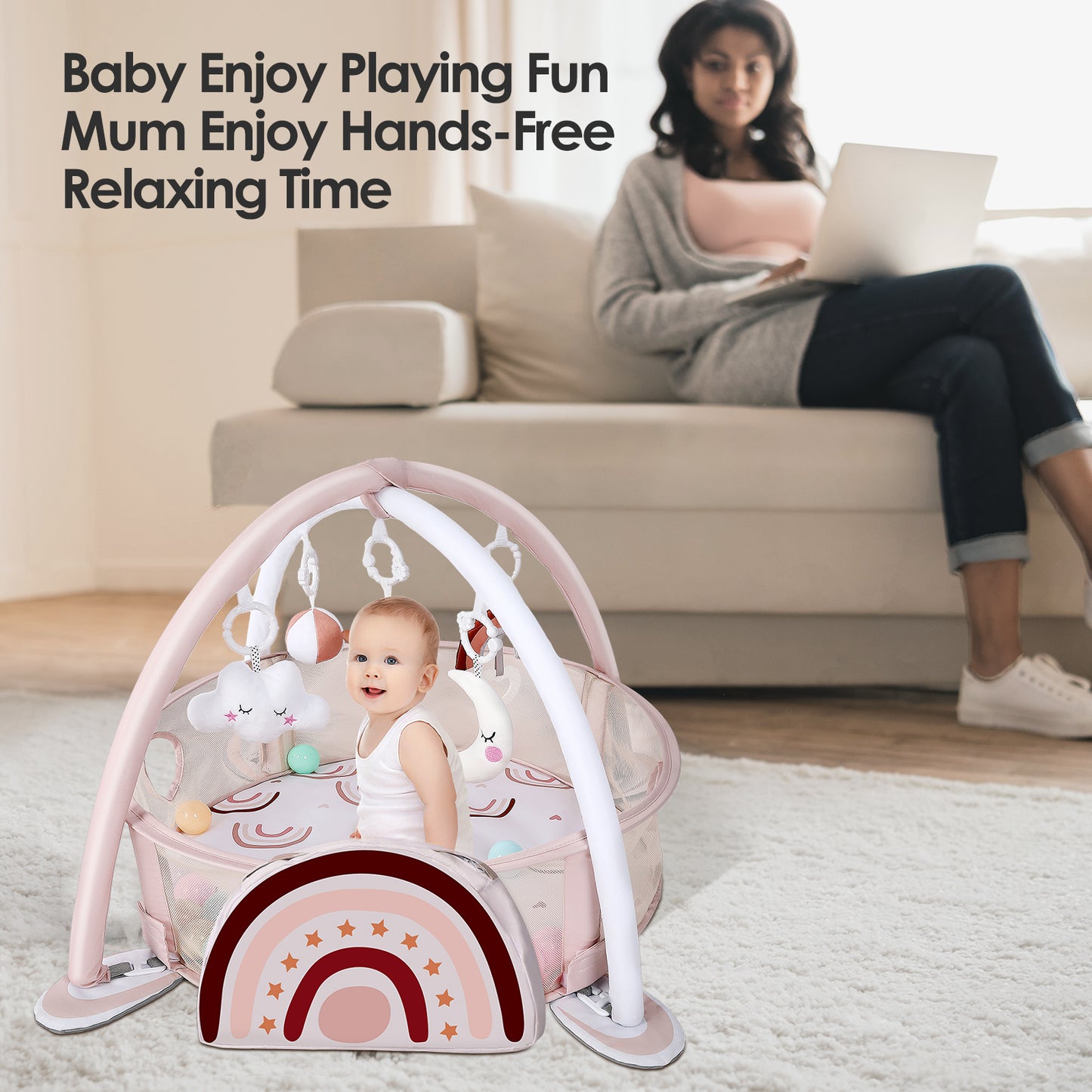 dearlomum 4-in-1 Baby Play Mat Baby Gym,Tummy Time Mat for Floor Activity Gym Ball Pit Including 30 Balls with 5 Infant Learning Sensory Baby Toys for Newborn Toddler Boy & Girl Gifts(Rainbow)