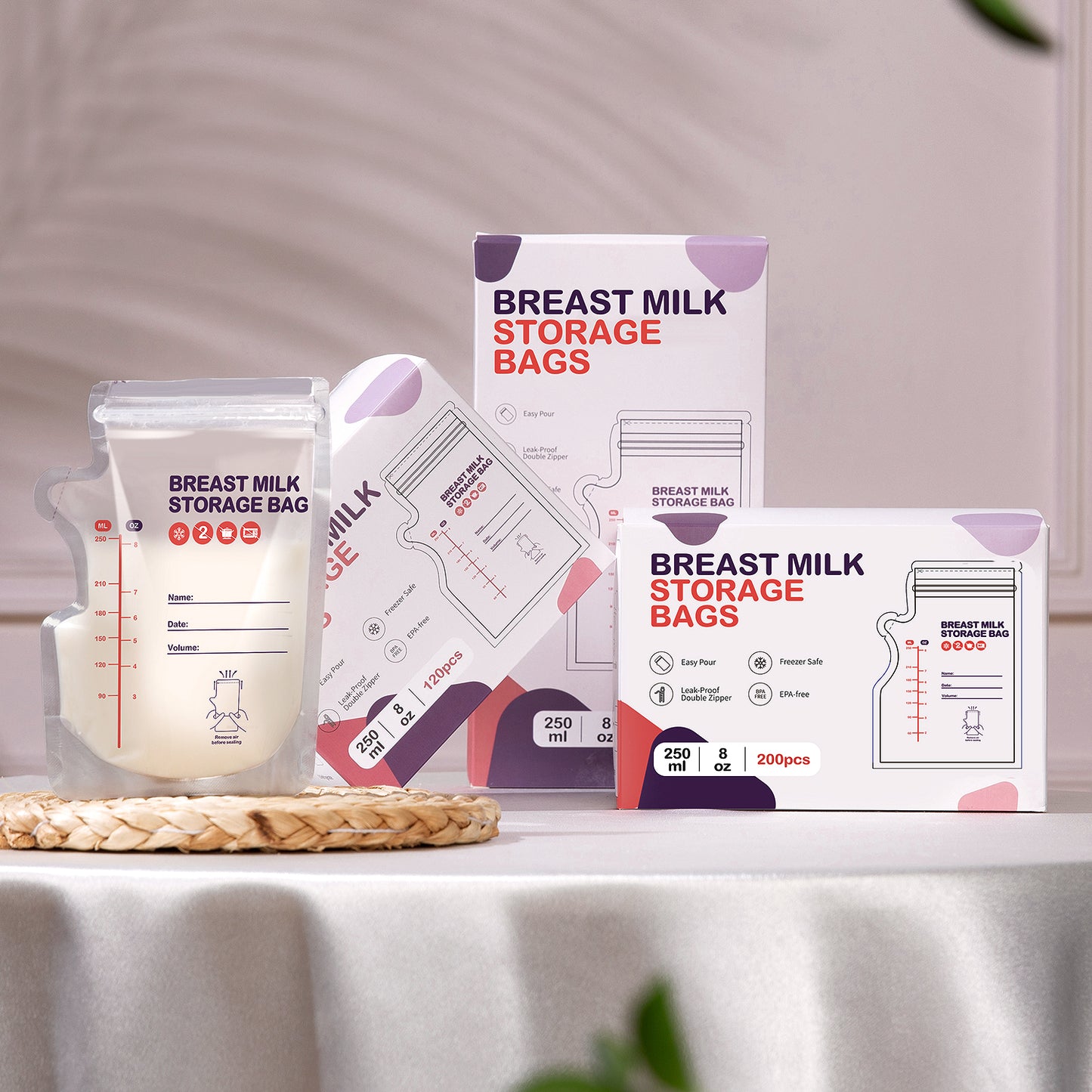 dearlomum BPA-Free Breastmilk Storage Bags - 60 Pcs, 8 Ounce, Self-Standing with Pour Spout, Space-Saving Flat Profile, Ideal for Convenient Breastfeeding and Milk Storage, Refrigeration & Freezing