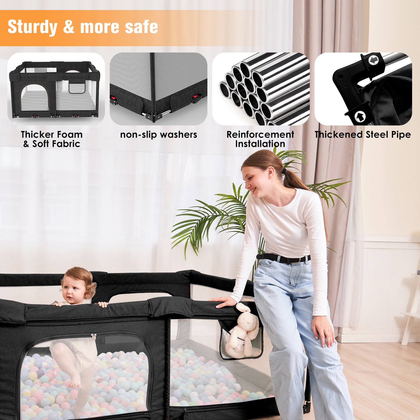 Dearlomum Foldable Baby Playpen with Gate, Extra Large Collapsible Play Yard for Babies & Toddlers, Portable Travel Playpen, Baby Activity Center for Indoor & Outdoor Use (Black )