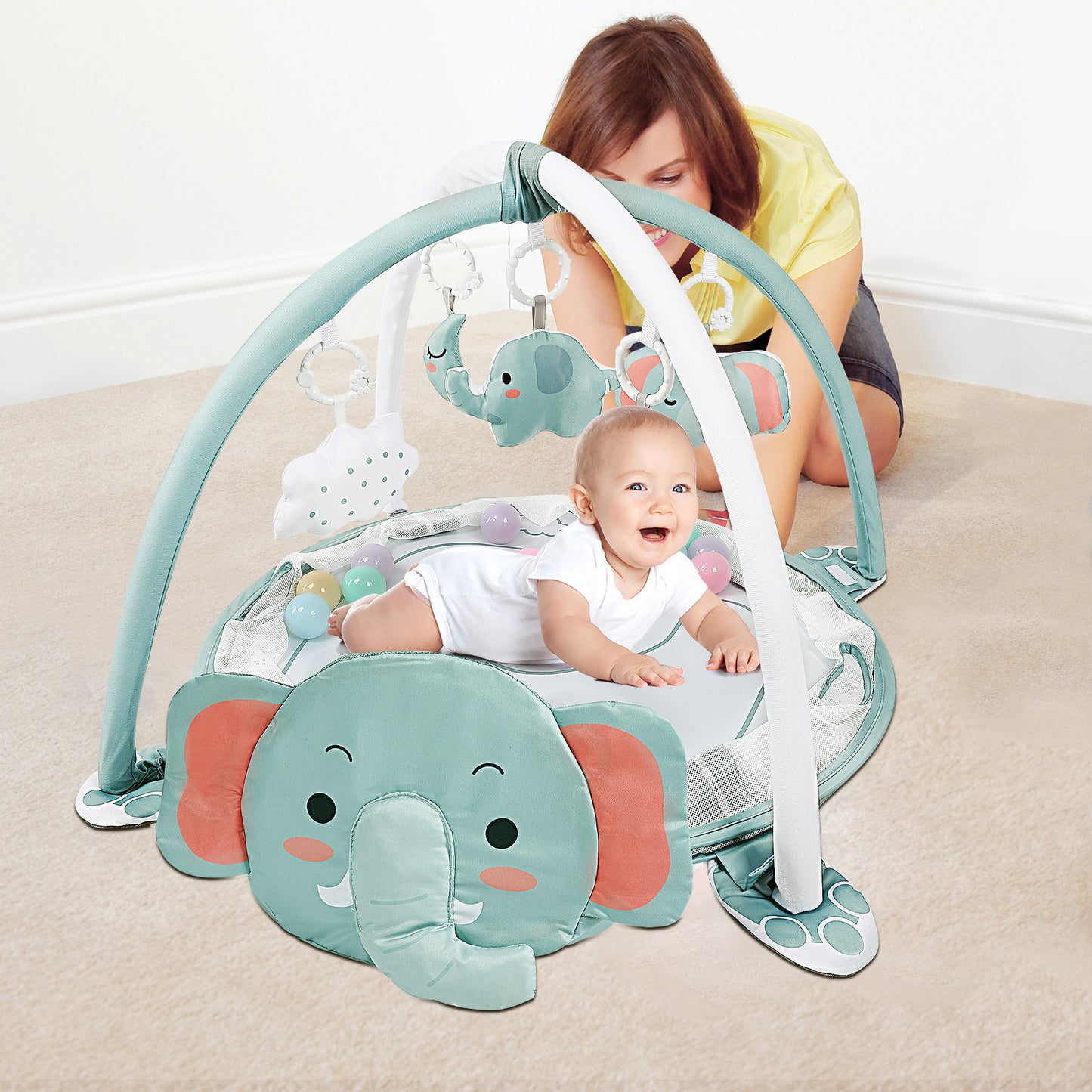 dearlomum 4-in-1 Baby Play Mat Baby Gym,Tummy Time Mat for Floor Activity Gym Ball Pit Including 30 Balls with 5 Infant Learning Sensory Baby Toys for Newborn Toddler Boy & Girl Gifts(Elephant)