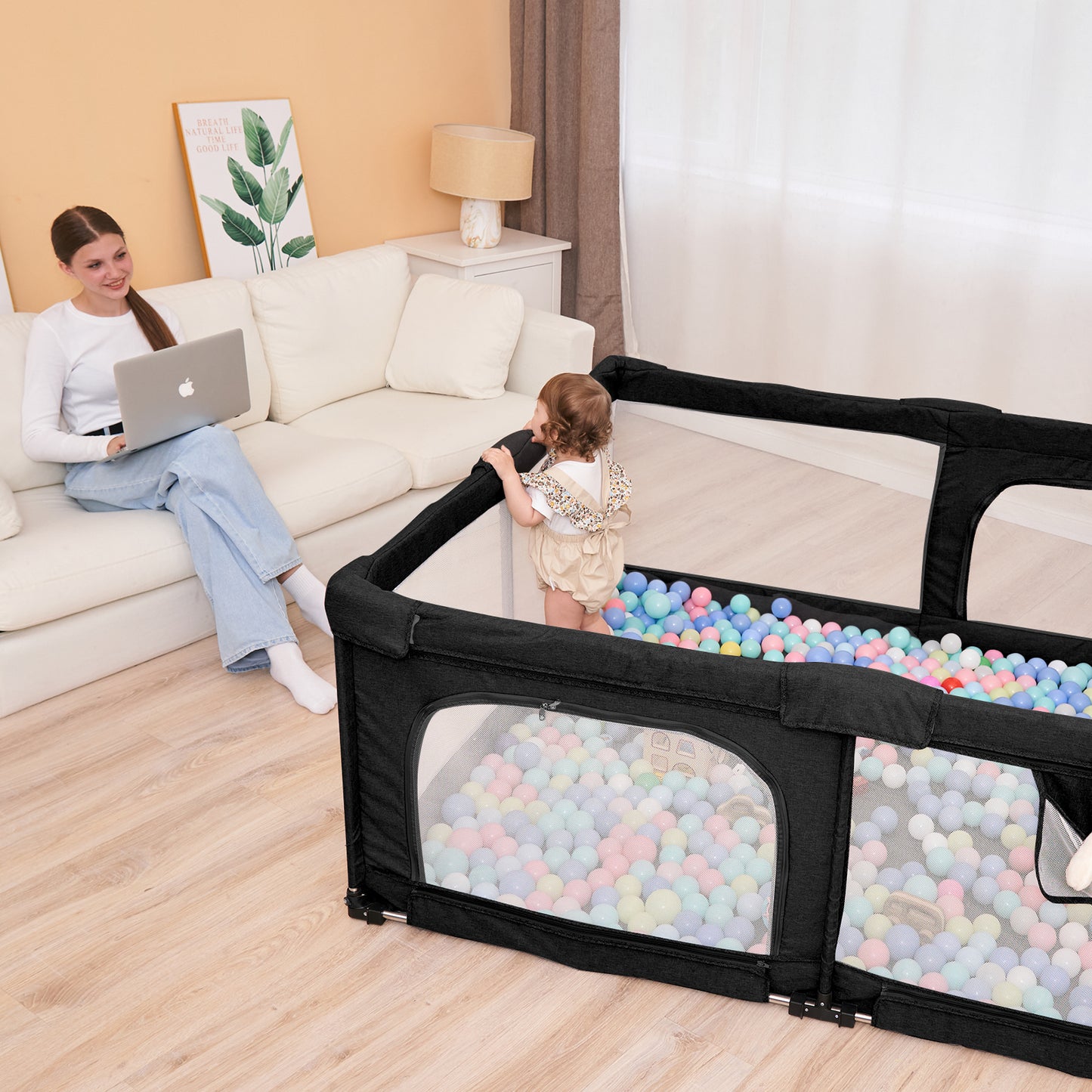 Dearlomum Foldable Baby Playpen with Gate, Extra Large Collapsible Play Yard for Babies & Toddlers, Portable Travel Playpen, Baby Activity Center for Indoor & Outdoor Use (Black )