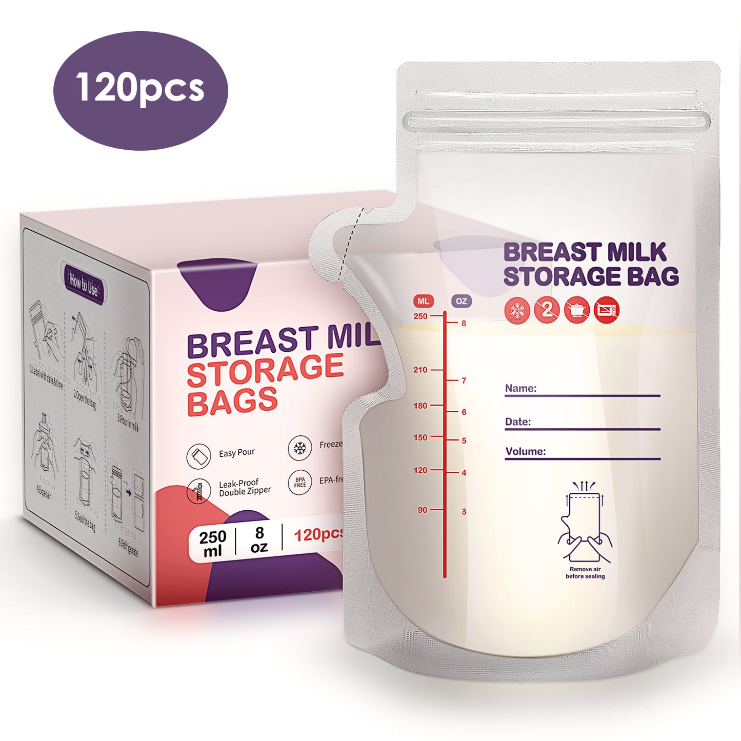 dearlomum BPA-Free Breastmilk Storage Bags - 60 Pcs, 8 Ounce, Self-Standing with Pour Spout, Space-Saving Flat Profile, Ideal for Convenient Breastfeeding and Milk Storage, Refrigeration & Freezing