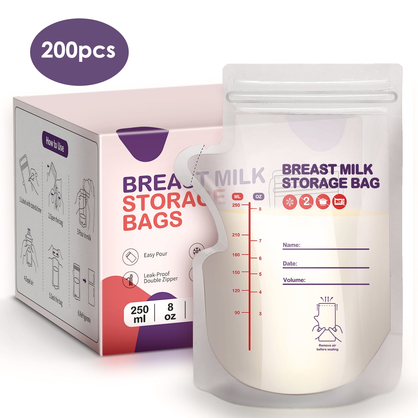 dearlomum BPA-Free Breastmilk Storage Bags - 60 Pcs, 8 Ounce, Self-Standing with Pour Spout, Space-Saving Flat Profile, Ideal for Convenient Breastfeeding and Milk Storage, Refrigeration & Freezing
