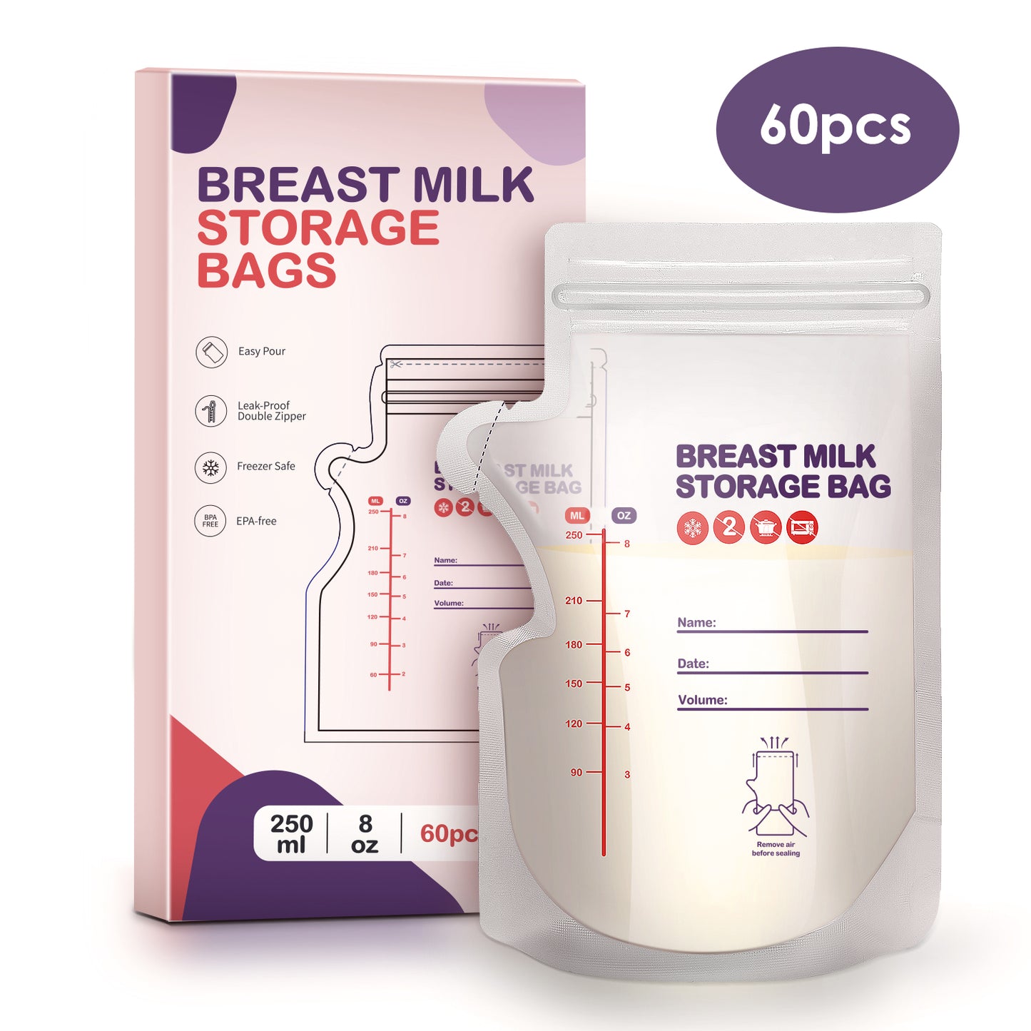 dearlomum BPA-Free Breastmilk Storage Bags - 60 Pcs, 8 Ounce, Self-Standing with Pour Spout, Space-Saving Flat Profile, Ideal for Convenient Breastfeeding and Milk Storage, Refrigeration & Freezing