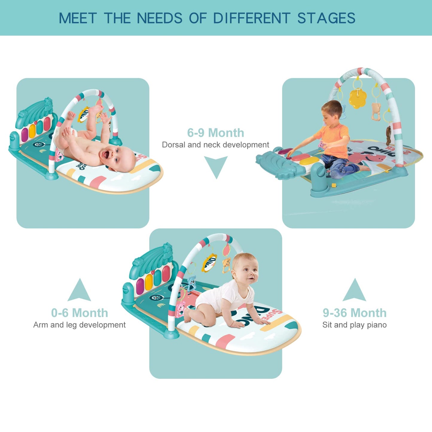Dearlomum Baby Play Mat & Gym, Piano Tummy Time Activity Mat with 5 Sensory Toys, Music & Lights - Boy & Girl Gifts for Newborn to 12 Months (Blue)