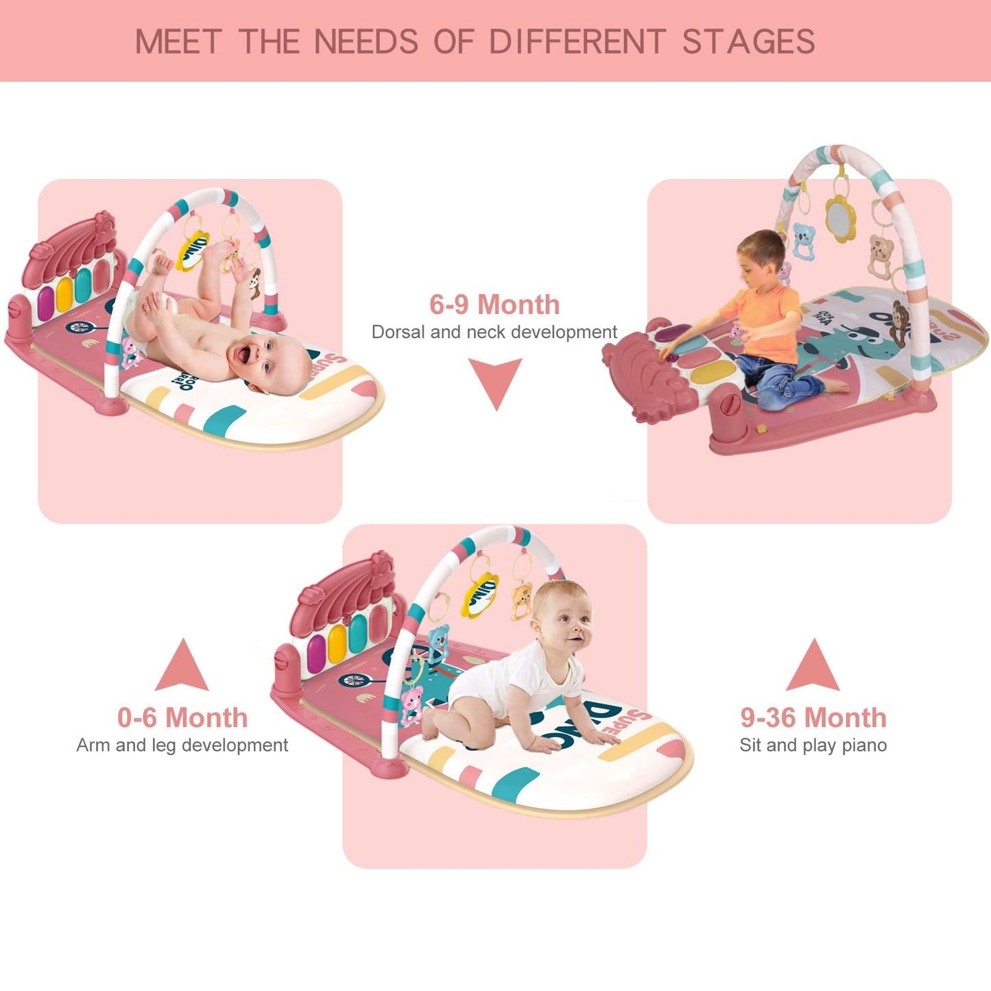 dearlomum Baby Play Mat Baby Gym, Piano Tummy Time Baby Activity Gym Mat with 5 Infant Learning Sensory Baby Toys, Music and Lights Boy & Girl Gifts for Newborn Baby 0 to 3 6 9 12 Months(Pink)