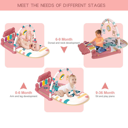 dearlomum Baby Play Mat Baby Gym, Piano Tummy Time Baby Activity Gym Mat with 5 Infant Learning Sensory Baby Toys, Music and Lights Boy & Girl Gifts for Newborn Baby 0 to 3 6 9 12 Months(Pink)