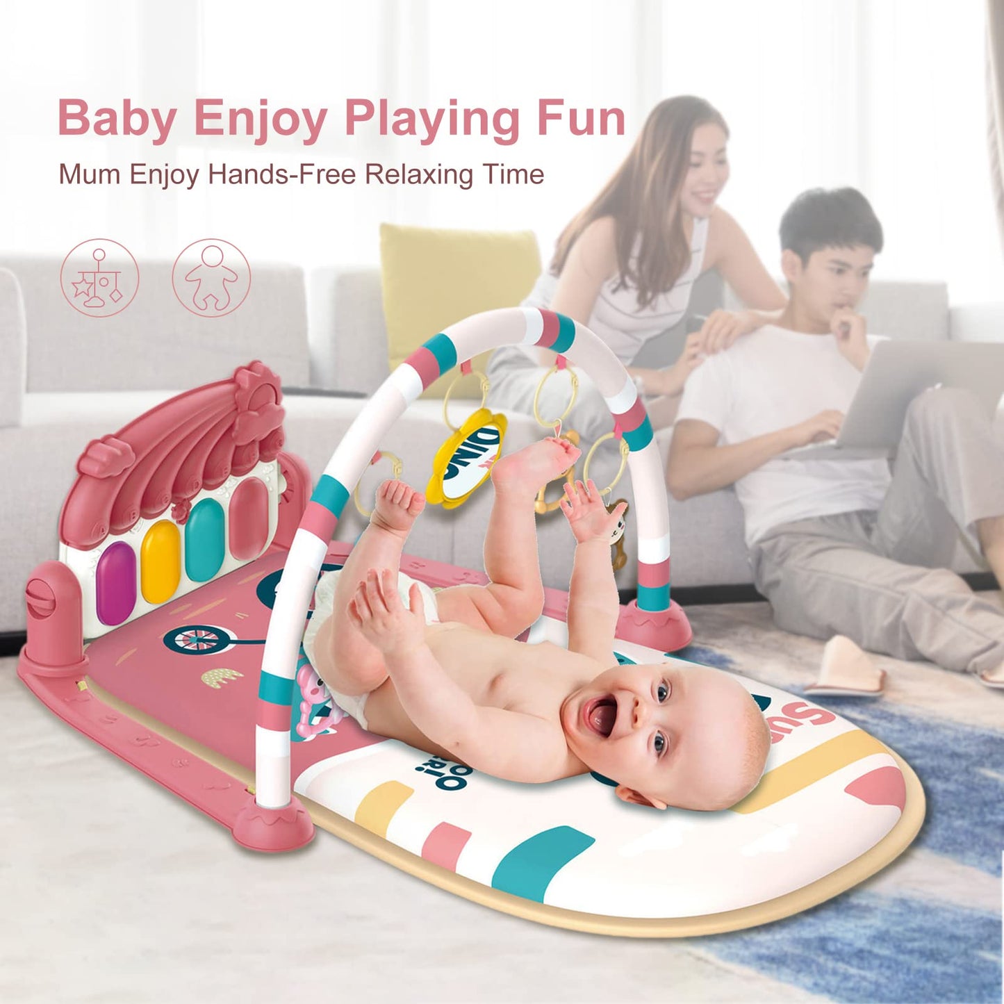 dearlomum Baby Play Mat Baby Gym, Piano Tummy Time Baby Activity Gym Mat with 5 Infant Learning Sensory Baby Toys, Music and Lights Boy & Girl Gifts for Newborn Baby 0 to 3 6 9 12 Months(Pink)