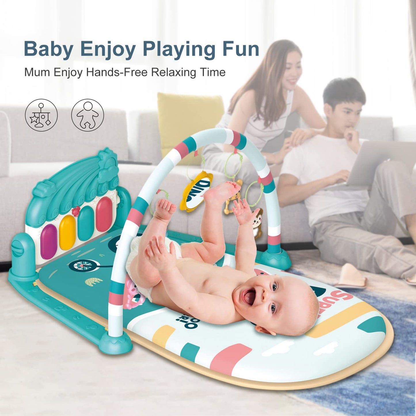 Dearlomum Baby Play Mat & Gym, Piano Tummy Time Activity Mat with 5 Sensory Toys, Music & Lights - Boy & Girl Gifts for Newborn to 12 Months (Blue)