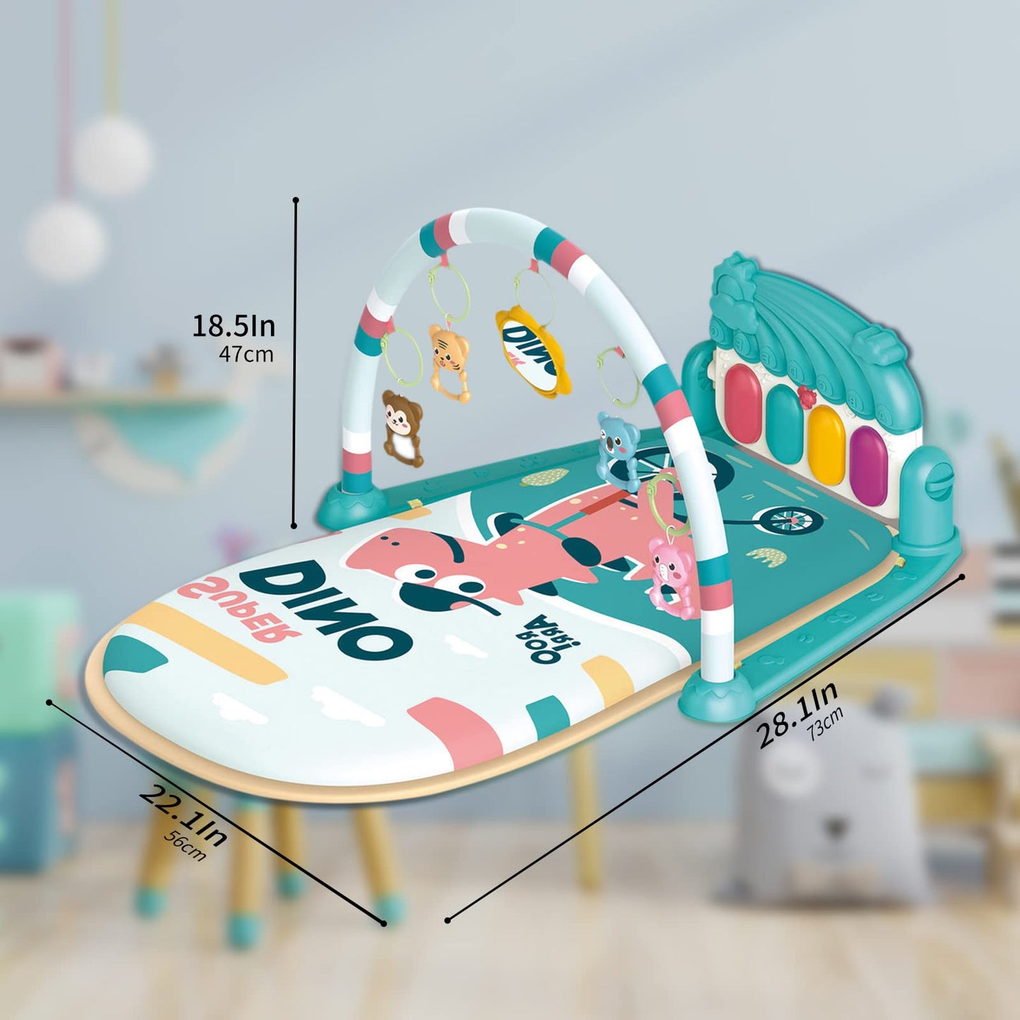 Dearlomum Baby Play Mat & Gym, Piano Tummy Time Activity Mat with 5 Sensory Toys, Music & Lights - Boy & Girl Gifts for Newborn to 12 Months (Blue)