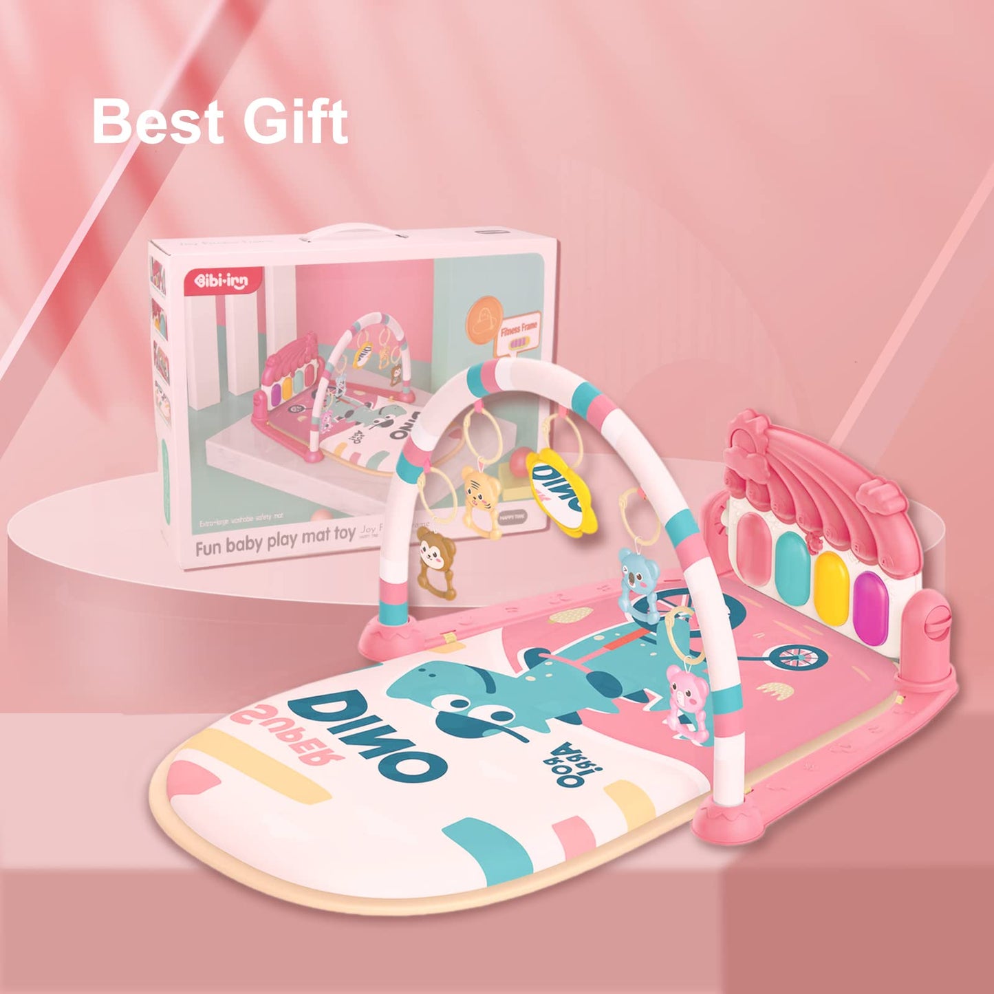 dearlomum Baby Play Mat Baby Gym, Piano Tummy Time Baby Activity Gym Mat with 5 Infant Learning Sensory Baby Toys, Music and Lights Boy & Girl Gifts for Newborn Baby 0 to 3 6 9 12 Months(Pink)