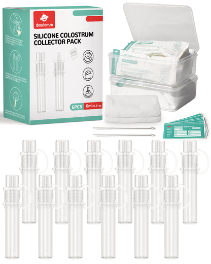 dearlomum Colostrum Collector Kit Breast Milk Collector 6ml/6pcs,Reusable, Heat & Freezer Resistant, BPA-Free, with Cotton Cloth Wipe, Storage Case, Cleaning Brush