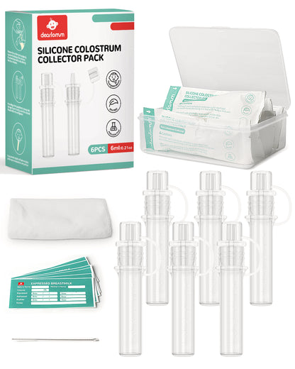 dearlomum Colostrum Collector Kit Breast Milk Collector 6ml/6pcs,Reusable, Heat & Freezer Resistant, BPA-Free, with Cotton Cloth Wipe, Storage Case, Cleaning Brush