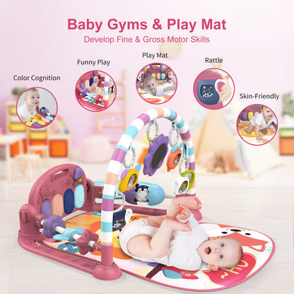 dearlomum Baby Play Mat Baby Gym,Funny Play Piano Tummy Time Baby Activity Mat with 5 Infant Sensory Baby Toys, Music and Lights Boy & Girl Gifts for Newborn Baby 0 to 3 6 9 12 Months (New Pink)