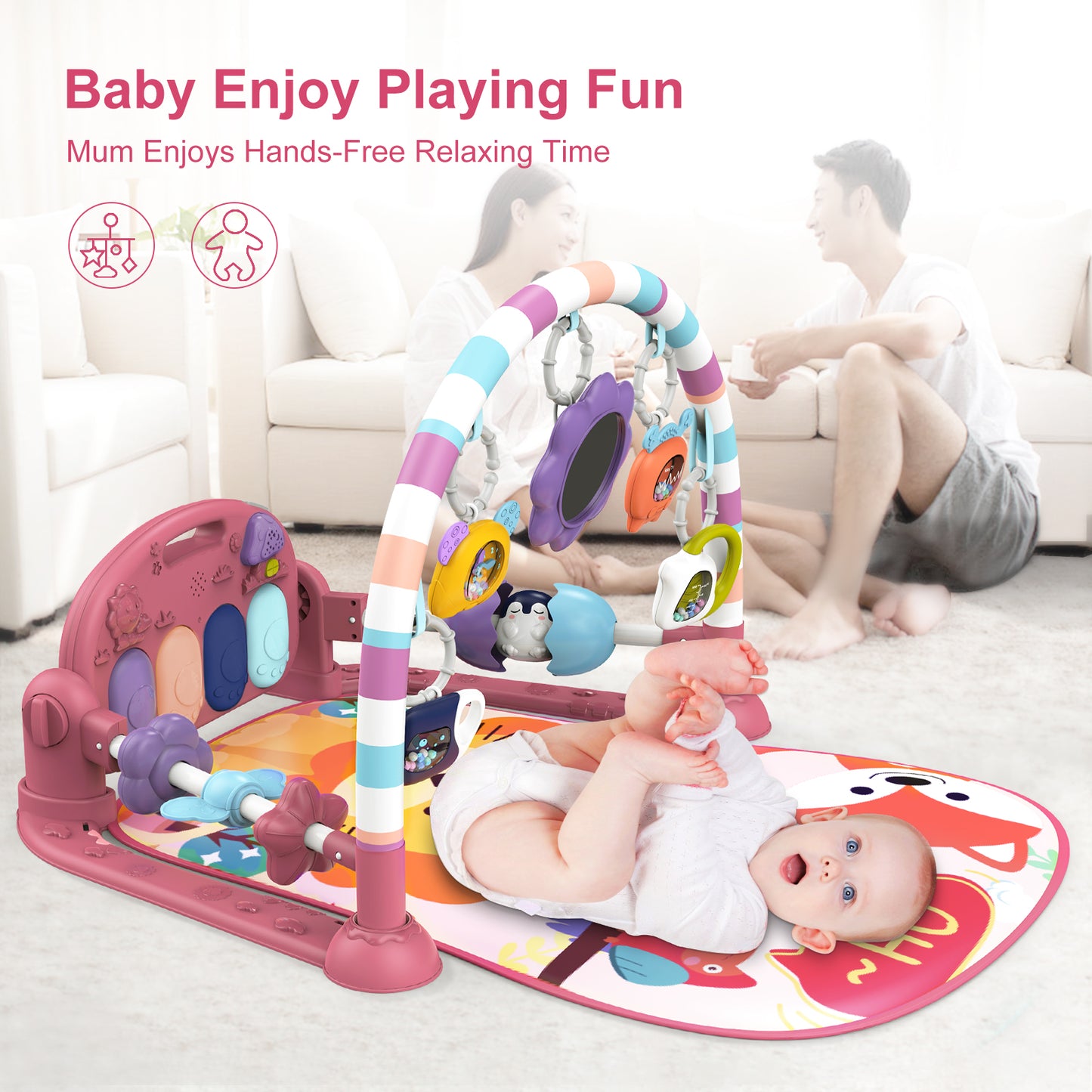 dearlomum Baby Play Mat Baby Gym,Funny Play Piano Tummy Time Baby Activity Mat with 5 Infant Sensory Baby Toys, Music and Lights Boy & Girl Gifts for Newborn Baby 0 to 3 6 9 12 Months (New Pink)