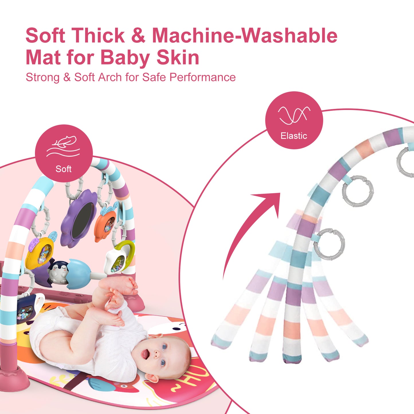 dearlomum Baby Play Mat Baby Gym,Funny Play Piano Tummy Time Baby Activity Mat with 5 Infant Sensory Baby Toys, Music and Lights Boy & Girl Gifts for Newborn Baby 0 to 3 6 9 12 Months (New Pink)