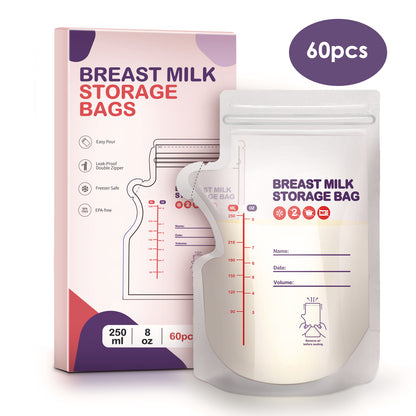 dearlomum BPA-Free Breastmilk Storage Bags - 60 Pcs, 8 Ounce, Self-Standing with Pour Spout, Space-Saving Flat Profile, Ideal for Convenient Breastfeeding and Milk Storage, Refrigeration & Freezing